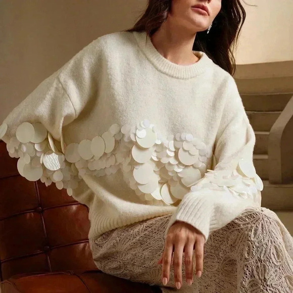 Apricot Casual Women's Handmade Beaded & Sequined Delicate Pullover Sweater - Picture 5 of 7